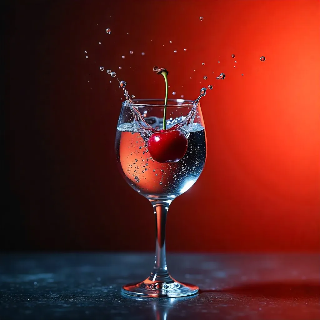 Cerise tombant dans un verre à pied