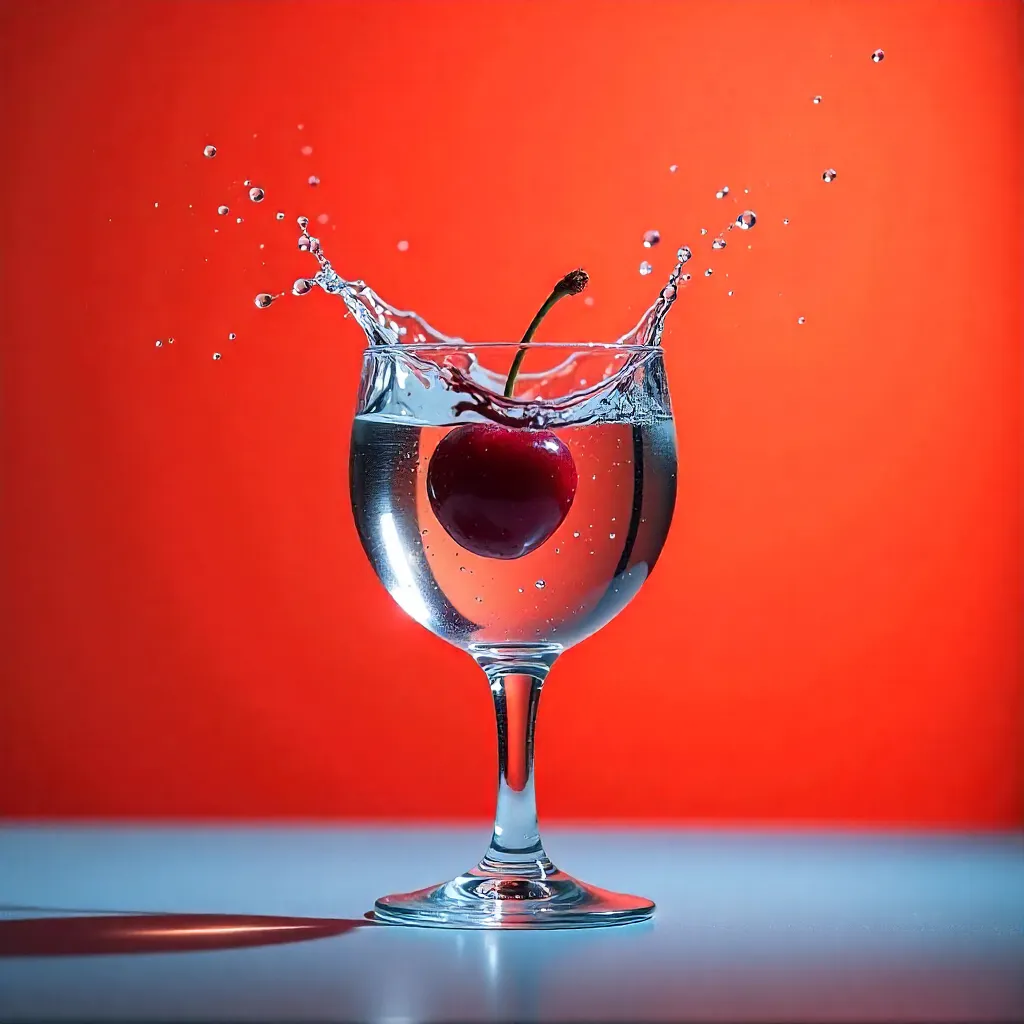 Cerise tombant dans un verre à pied